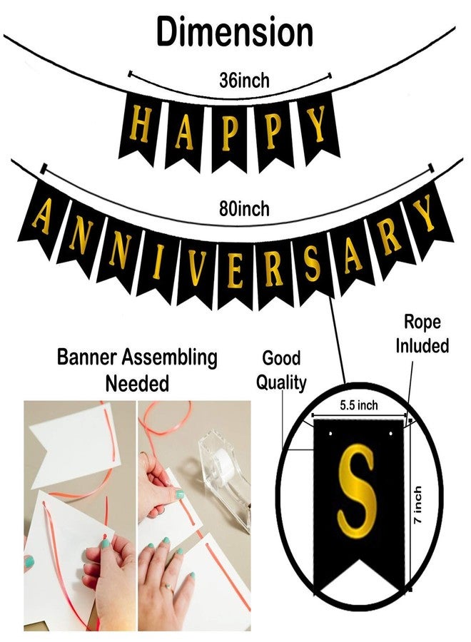 GR DESIGN® Happy Anniversary Banner - Black Colour - Home Bedroom Decorations Set - 1st 10th 25th 50th Wedding Anniversary Decor - Marriage Anniversary Banner - Image 4